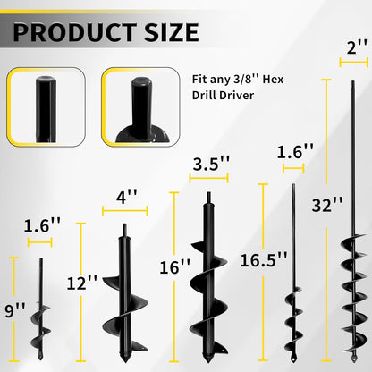 5pcs Auger Drill Bit for Planting - Plant Auger for Cordless Drill - Bulb Planter Tool for Bulbs Planting&Holes Digging - 3/8" Hex Drive Drill
