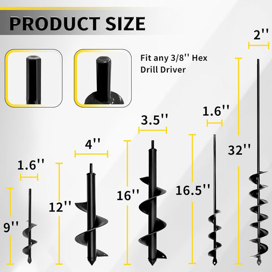 5pcs Auger Drill Bit for Planting - Plant Auger for Cordless Drill - Bulb Planter Tool for Bulbs Planting&Holes Digging - 3/8" Hex Drive Drill