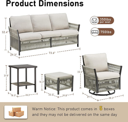 Patio Furniture Wicker Rope Outdoor Conversation Set, 9-Piece All Weather Patio Furniture Rattan Swivel Rocking Chairs w/Ottomans, Side Table for Backyard, Balcony, Deck, Beige