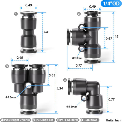 TAILONZ PNEUMATIC Black 1/4 Inch od Push to Connect Fittings Pneumatic Fittings Kit 10 Spliters+10 Elbows+10 tee+10 Straight (40 pcs)
