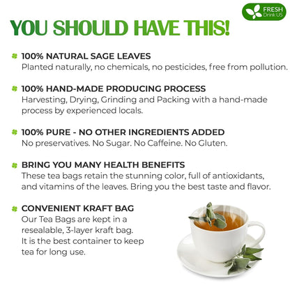 FreshDrinkUS, Premium 35 Sage Leaf Tea Bags, 100% Natural & Pure from Sage Leaves. Loose Leaf Sage Herbal Tea. Made with Natural Material Tea Bags. No Sugar, No Caffeine, No Gluten, Vegan.