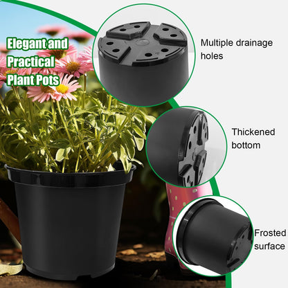 5 Gallon 12 Inch Plastic Nursery Pots, Plant Containers with Drainage Holes, Round Sturdy Garden Planters for Indoor/Outdoor Greenery, Gardening Gifts for Women (5-Pack, Black)