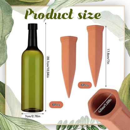6 Sets Plant Watering Devices Include Terracotta Self Watering Spikes and 26 oz Plastic Bottles, Slow Release Vacation Insert Automatic Plant Waterer Device (Green and Terracotta)