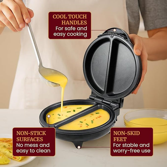Elite Gourmet EOM205 Non-Stick Omelet Frittata Snack Pocket Maker for 2 Individual 6.5" Omelets, Stainless Steel and Black