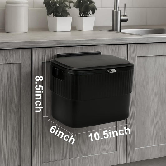 ELPHECO Kitchen Compost Bin with Lid 1.8 Gallon Hanging Trash Can with Lid, 7 Liter Wall-Mounted Garbage Can for Kitchen Cabinet Door, Small Under Sink Trash Can for Counter Top, Bathroom, Black