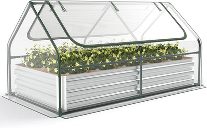 S AFSTAR Raised Garden Bed with Cover, 6FT x 3FT x 3FT Galvanized Bottomless Garden Bed with Greenhouse, Dual 2-Tier Roll-Up Windows, Easy Venting & Watering, Outdoor Metal Planter Box Kit with Cover