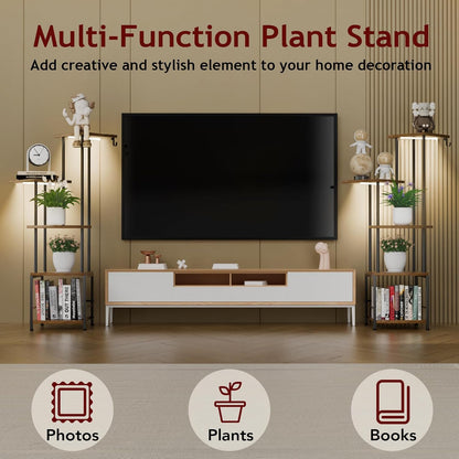 Plant Stand Indoor with Grow Light, 5-Tiered Tall Plant Stand Indoor, Metal Plant Shelf with Hanging Basket Hook and Adjustable Light, Ideal for Living Room, Garden, Patio,Brown and Black（2 pcs ）