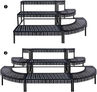aboxoo 3 Tier Stair Style Large Metal Plant Stand, Garden Display Shelf Flower Pot Holder Storage Organizer Rack for Indoor Home Outdoor Patio Balcony Yard( Black, Rectangle)