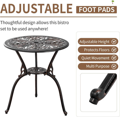 Patio Bistro Set 3 Piece Cast Aluminum Bistro Set, Outdoor Bistro Table and Chairs Set of 2 with Umbrella Hole for Porch, Lawn, Garden, Backyard, Pool (Brown)
