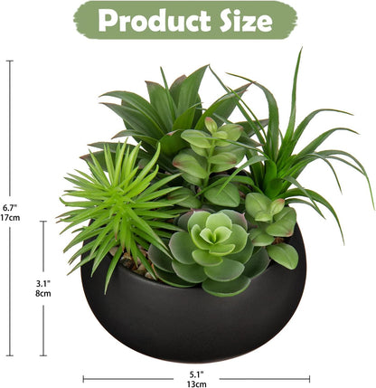 Fake Plants Artificial Succulents in Pots Faux Succulent Arrangement Potted Plant in Black Ceramic Planter Bowl for Home Decor Office Desk Bathroom Shelf Living Room Indoor Decorations