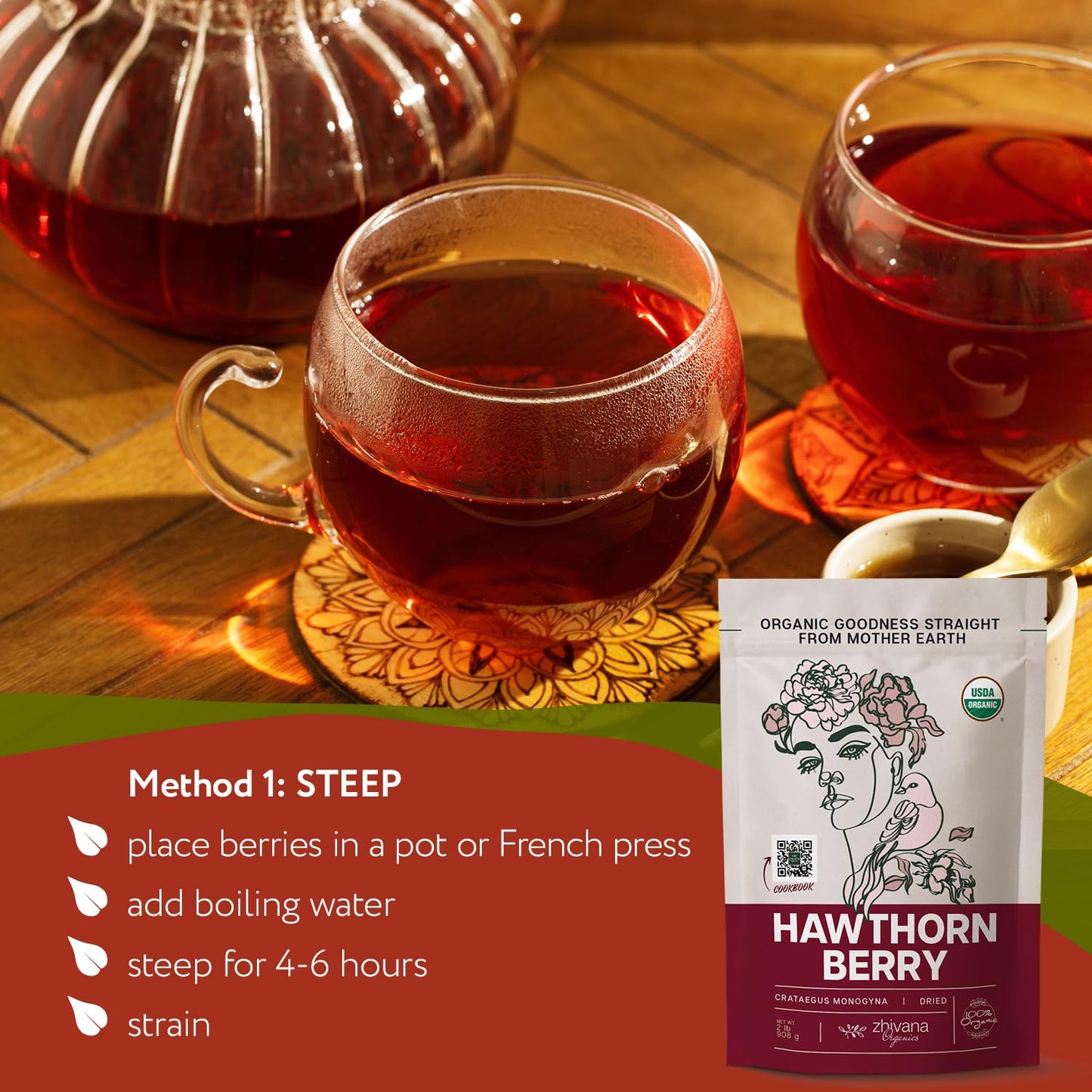 Hawthorn Berry Tea Organic (32oz.) - Hawthorne Berries for Herbal Tea, Tinctures, Recipes - Wild Crop - European Origin