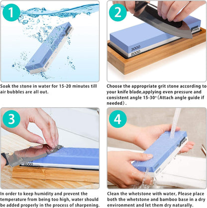 Knife Sharpening Stone Kit - Whetstone Grit 400/1000 3000/8000 Premium Knife Sharpener Wet Stone Set with Bamboo Base Angle Guide Leather Strop Flattening Stone Silicon holder
