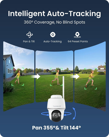 REOLINK First 4K Solar Security Cameras Wireless Outdoor, Argus PT Ultra+ 3W Solar Panel, 360° Pan Tilt Auto-Tracking, 8MP Color Night Vision, 2.4/5 GHz Wi-Fi 6, No Monthly Fee, Home Hub Compatible
