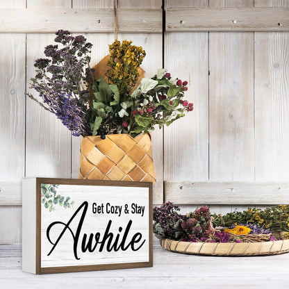 Get Cozy And Stay Awhile Wooden Box Sign Desk Decor,Rustic Family Saying Wood Block Sign for Home Farmhouse Bedroom Shelf Tabletop Wall Decor