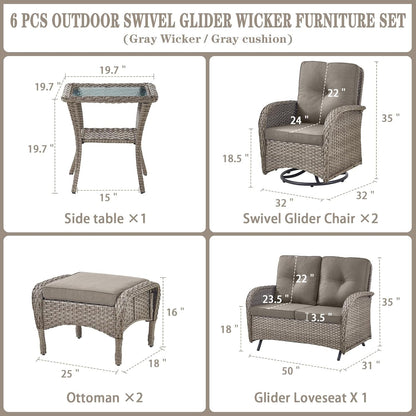 6 Pieces Wicker Patio Conversation Sets with Outdoor Swivel Rocker Chairs and Loveseat Glider Chair, All-Weather Rattan Furniture Set for Deck Patio Sunroom Backyard