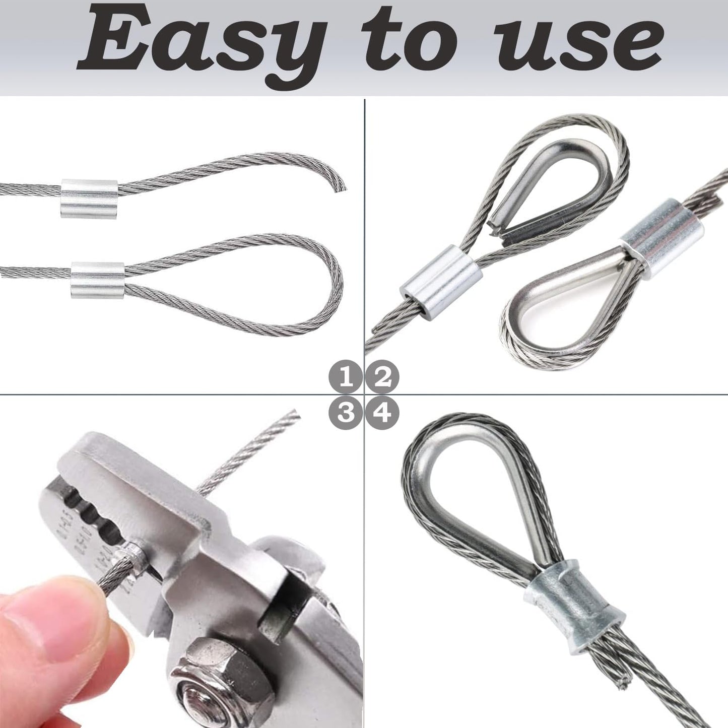 1/8 Inch Stainless Steel Cable 100FT - 7x7 Strand Aircraft Wire Rope with Loop Sleeve & Thimble - Heavy Duty for Deck Railing, String Light Hanging, Garden, Marine, DIY Projects