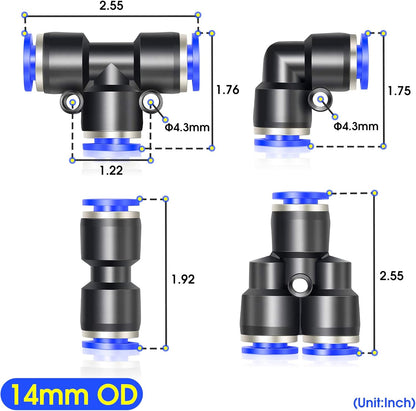 TAILONZ PNEUMATIC 14mm od Push to Connect Fittings Pneumatic Fittings Kit 2 Spliters+2 Elbows+2 tee+2 Straight (8 pcs)