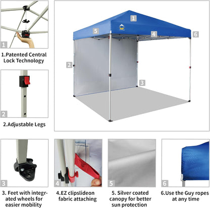 CROWN SHADES 8x8 Pop Up Canopy with 1 Side Wall - Beach Tent with One Push Setup - Outdoor Sun Shade for Events, Parties, Camping - Gazebo with STO-N-Go Cover Bag (Blue)