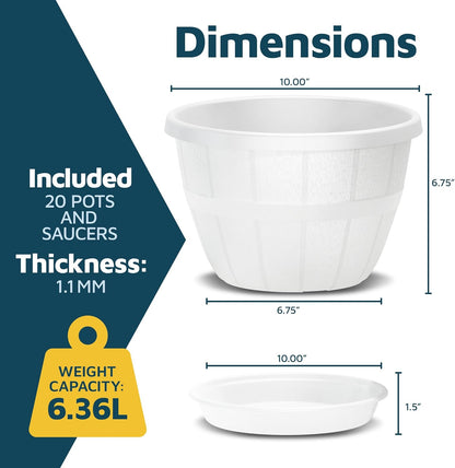 10-Inch Whiskey Barrel Planters Outdoor Pack of 20 - Durable Plastic Plant Pots for Indoor & Outdoor Use with Drainage & Saucer, Lightweight Rustic Barrel Planters for Flowers, Herbs & Small Plants