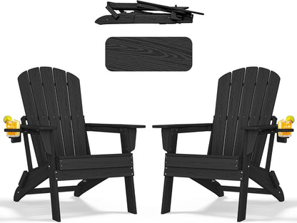 Folding Adirondack Chair - Extended Ergonomic Backrest, Cup Holder - Easy Assembly - Durable HDPE Plastic, Weather Resistant & Maintenance-Free - Lawn, Patio, Deck Supports 380lbs Black