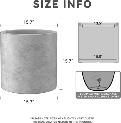 Kante 15.7" Dia Round Concrete Planter, Modern Style Large Cylindrical Plant Pot with Drainage Hole and Rubber Plug for Indoor Outdoor Patio, Natural Concrete