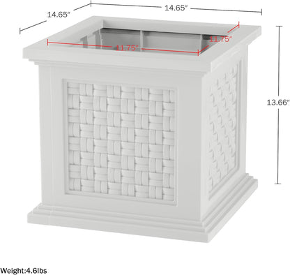Pure Garden Rattan Style Outdoor Planter Box - 14.65-Inch-Square Decorative Flower or Plant Pot - Garden, Patio and Front Porch Decor (White)