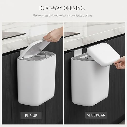 MUEE Hanging Compost Bin [1.8 Gal Standard Fit] Daily Food Scrap Collector with Slide Lid - Under Cabinet Small Trash Can for 2-3 Person Families, RV & Apartment - Matte White