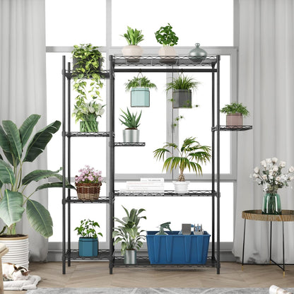Xiofio Plant Stands for for Indoor Outdoor, Heavy Duty Metal Plant Stand,large Plant Shelf,Adjustable Plant Shelves With Hanging Rod for Living Room,Balcony,Garden,Black