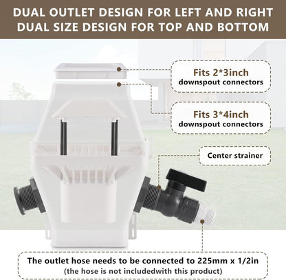 Rain Barrel Diverter, RainWater Collection System Fits for 2x3 or 3x4 Inch Downspout Diverter Colander, Tintsabo Upgrade Rain Barrel Diverter Kit with Filtration and PVC Spigot, White