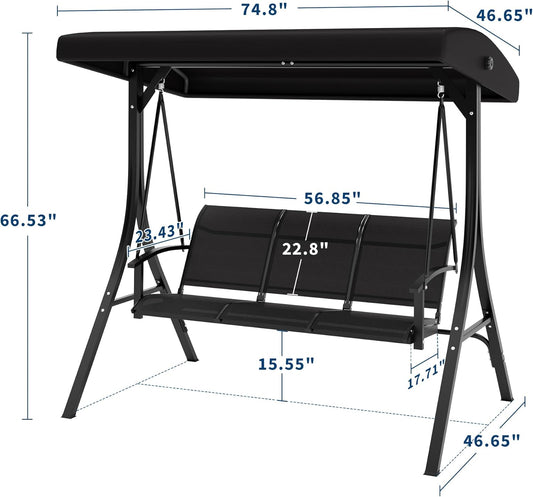 3-Seat Outdoor Patio Swing Chair, Porch Hanging Chairs with Adjustable Canopy, Armrests and Breathable Textilene Fabric, Hanging Swing Bench for Garden, Poolside, Backyard – Black
