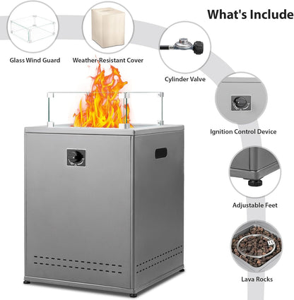 20" Square Smokeless Propane Fire Pit Table, 50,000 BTU Portable Outdoor Patio Heater with Lava Rocks, Glass Wind Guard & Cover for Deck, Backyard, Garden, Camping (Grey)