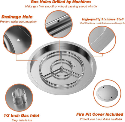 Skyflame 25 Inch Round Stainless Steel Drop-in Fire Pit Pan Fire Bowl with Burner Ring and Protective Cover, DIY Firepit System Assembly Set for Both Natural Gas and Liquid Propane