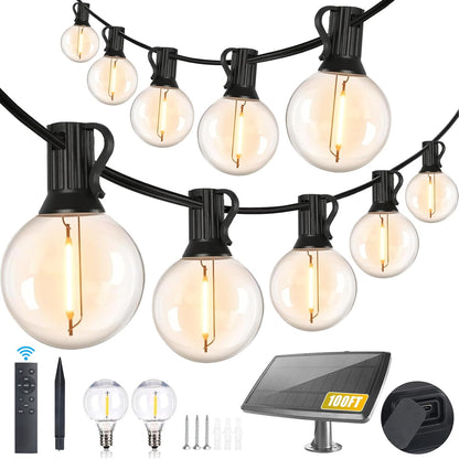 100FT Solar String Lights Outdoor Waterproof with Remote, G40 Solar Powered String Lights with 30+2 LED Shatterproof Bulbs, Dimmable Solar Patio Hanging Lights for Outside Backyard Party