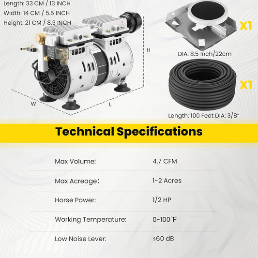 Pond Aerator, 4.7 CFM for Pond and Lakes About 1-2 Acres, 1/2 HP Compressor + 100 Feet Air Hose + 1 Diffuser + Timer, Aeration Pumps Kit for Deep Water Oxygen Circulation
