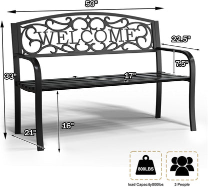 50" Heavy Duty Outdoor Bench, Wrought Iron Weatherproof Garden Bench Black Metal Patio Bench for Park Proch Yard 880lbs