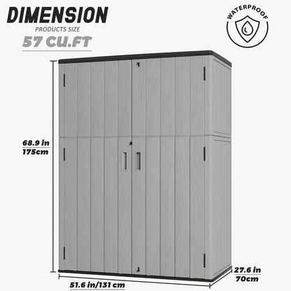 Outdoor Storage Shed Waterproof,Resin Storage Sheds Outdoor with Floor,Outdoor Storage Cabinet for Garage Storage, Pool Storage, Bike, Garden (57Cu.ft)