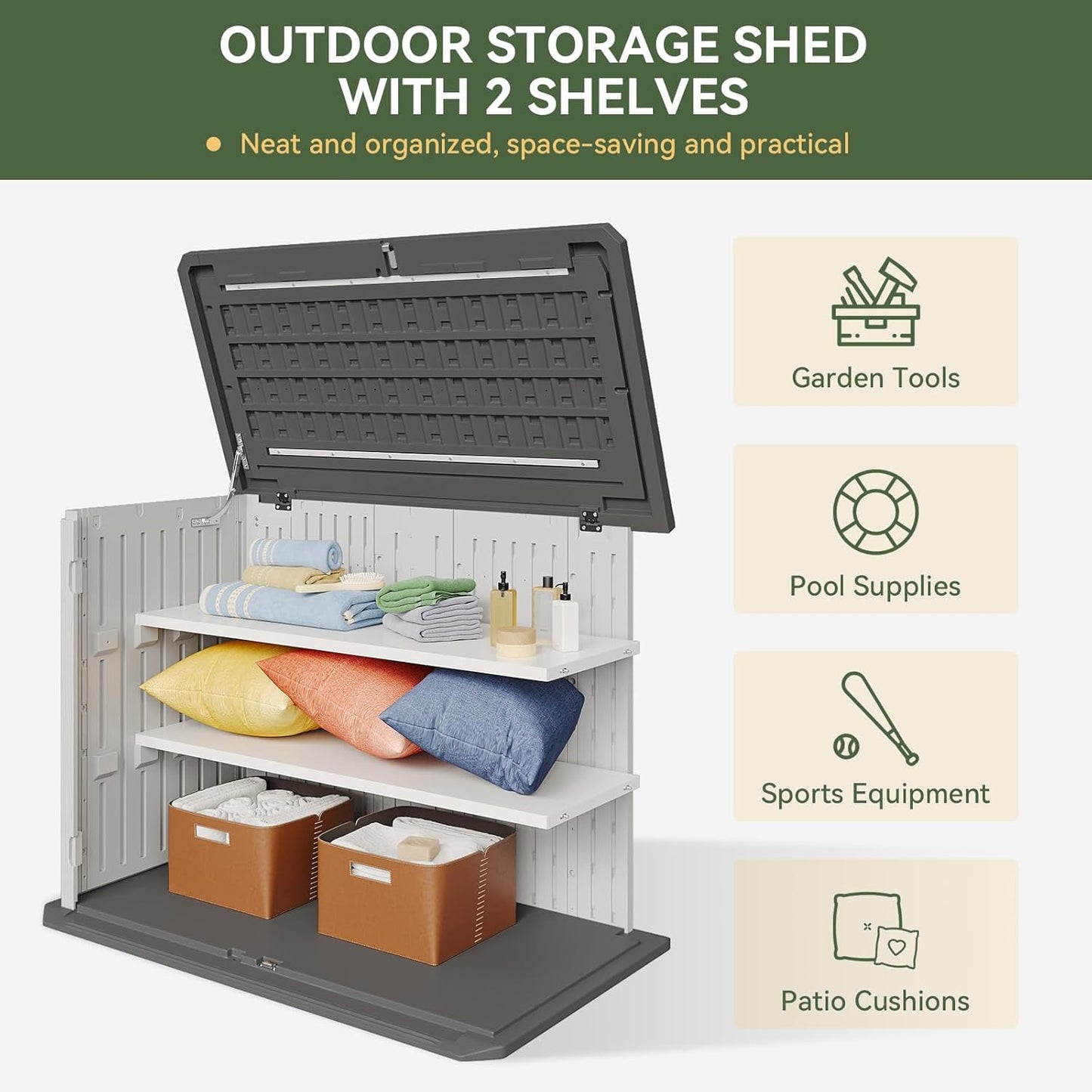 Aoxun White Outdoor Storage Cabinet with 2 Shelves, 35 Cu.Ft Trash Can Storage Shed, Waterproof, Horizontal Storage for Garbage Bin, Generator, Lawn Mower