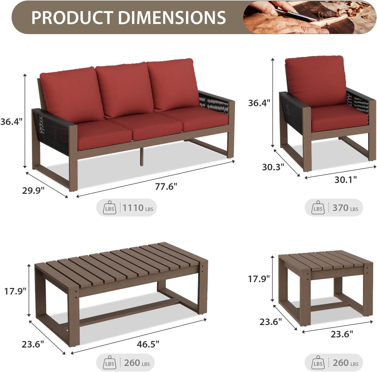 EAGLE PEAK Natural Wood Outdoor Patio Furniture, Cedar Furniture, Conversation Set, Outdoor Seating for Deck Patio Porch, Sofa 4 Chairs Coffee Table & Side Table, 7 Pieces, Brown/Red