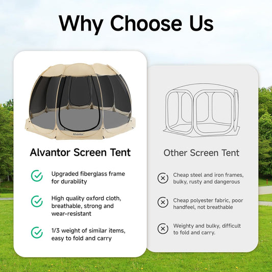 Alvantor Screen House Gazebo, 6-10-15 Person Pop Up Igloo Screened Canopy Tent with Mosquito Netting Sides, Instant UV Resistant Sun Shelter for Garden, Patio, Backyard