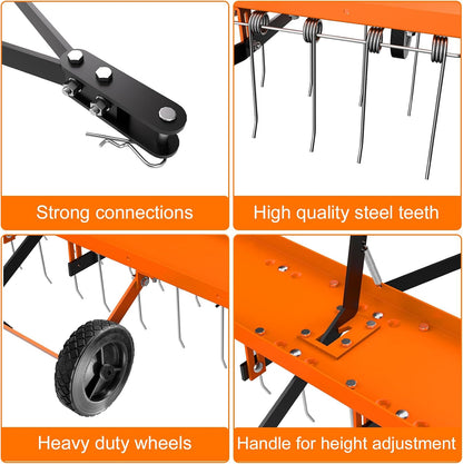 48" Tow Behind Lawn Dethatcher, Pull Behind Rake with 24 Rust-Proof Tines and Heavy Tires, Lawn Tractor Rake with Lift Handle, Tow Behind Rakes to Remove Thatch, Leaves from Large Lawn Area