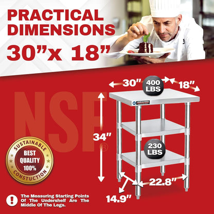 DuraSteel Food Prep Stainless Steel Table - 30 x 18 Inch Commercial Metal Workbench with Adjustable Under Shelf - NSF Certified - for Restaurant, Warehouse, Home, Kitchen, Garage