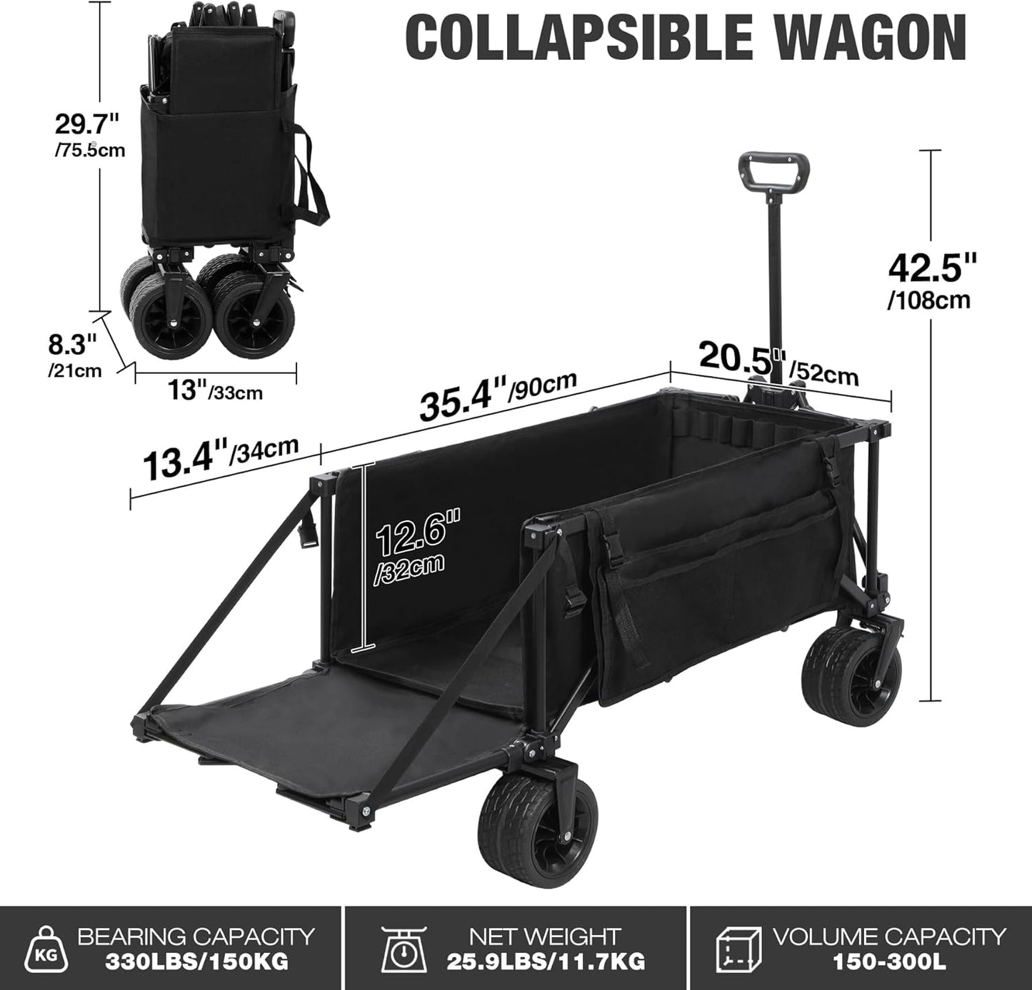 REDCAMP 49" L Extended Collapsible Beach Fishing Cart with Rod Holders, 330LBS Heavy Duty Extra Large Folding Utility Garden Cart with Tailgate and Big All-Terrain Wheels for Grocery, Sport, Fishing