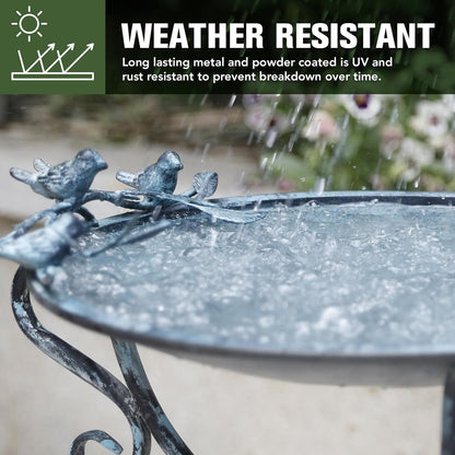 Solution4Patio 16.7" Metal Bird Bath with Perch - Rust-Resistant Outdoor Garden Decor, Shallow Wide Bowl & Foldable Stand for Birds/Plants