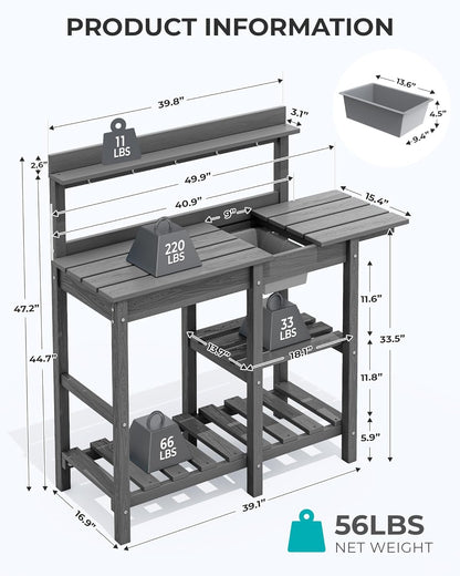 SERWALL Potting Bench Outdoor Potting Table with Sink, HDPE Potting Benches for Outside Gardening Table All Weather Use- Gray