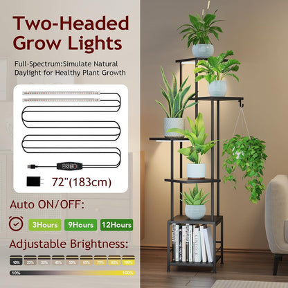 Plant Stand Indoor with Grow Light, 6-Tiered Tall Plant Stand Indoor, Metal Plant Shelf with Hanging Basket Hook and Adjustable Light, Ideal for Living Room, Garden, Patio, Black