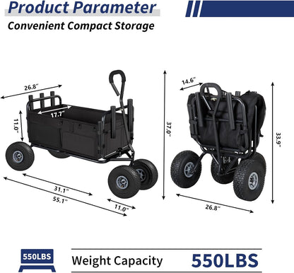 Polar Aurora Fishing Cart Beach Cart Collapsible Wagon w/11'' All-Terrain Wheels for Sand, Heavy Duty Garden Cart with Rod Holders,Umbrella Holder and Storage Pockets, 550lb Large Capacity