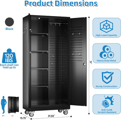 Garage Storage Cabinet with Wheels, Metal Tool Cabinet with Pegboards and 4 Adjustable Shelves, Garage Storage System with Lockable Door for Shools, Offices, Gyms and Pantries, Black