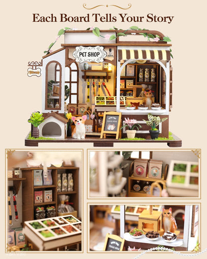 [2025 New] Pet Shop Miniature House Kit with LED Light, Book Nook Kit with Cover for Birthday, 3D Wooden Bookends Puzzle Bookshelf Decor Building Kit Birthday Gifts for Family, Friends