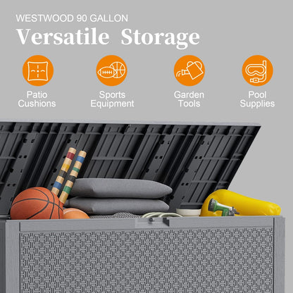 Outdoor Storage Box, 90 Gallon Deck Box, Waterproof Resin Storage Bin for Patio Cushions, Gardening Tools, Lockable, UV Resistant, Grey
