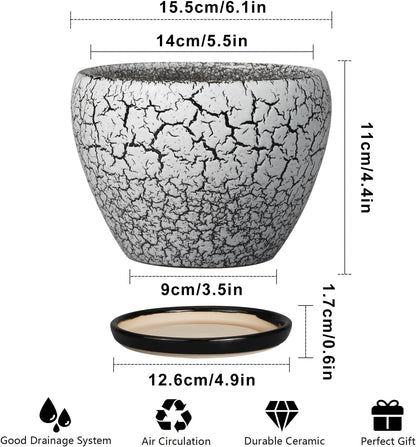 Ceramic Planter Pot - 6 Inch Plant Pot with Drainage Hole and Saucer, Succulent Pot Glaze Round for Indoor Outdoor Plants, White and Black